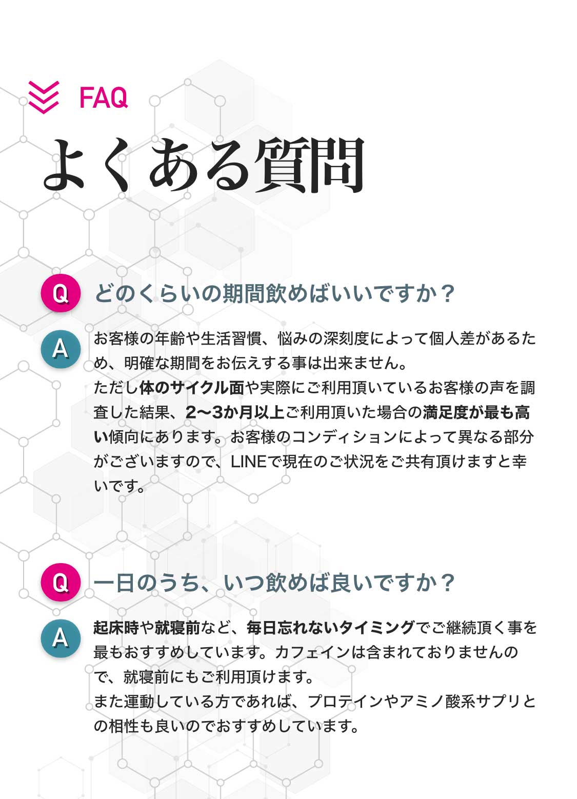 FAQ。よくある質問。2〜3か月以上ご利用頂いた場合の満足度が最も高い傾向。プロテインやアミノ酸系サプリとの相性もいい。1日6から12カプセルが基本ですが、4カプセルからなどでも大丈夫。