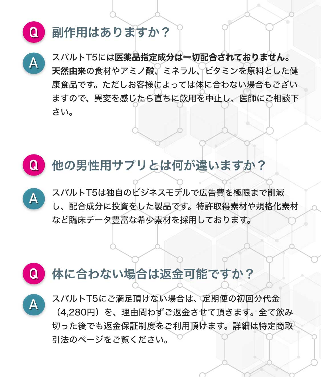 スパルトT5は配合成分が凄い！特許取得素材や規格化素材など臨床データ豊富な希少素材を採用。返金保証制度。1日単位のお届け頻度の変更可能。定期便は2回目以降も割引あり。