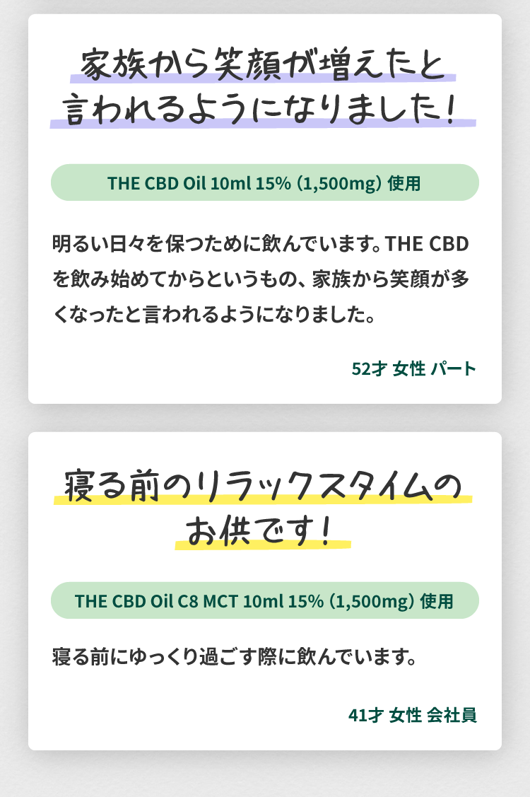 THE CBDのCBDオイルのユーザーレビュー4(52歳、女性、パート):家族から笑顔が増えたと言われるようになりました!明るい日々を保つために飲んでいます。THE CBDを飲み始めてからというもの、家族から笑顔が多くなったと言われるようになりました。THE CBDのCBDオイルのユーザーレビュー5(41歳、女性、会社員):寝る前のリラックスタイムのお供です。寝る前にゆっくり過ごす際に飲んでいます。