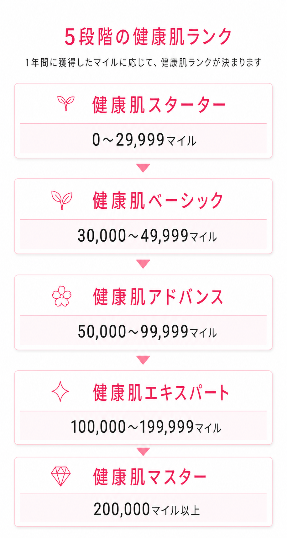 5段階の健康肌ランクをご案内します。健康肌スターターは0～29,999マイル、健康肌ベーシックは30,000～49,999マイル、健康肌アドバンスは50,000～99,999マイル、健康肌エキスパートは100,000～199,999マイル、健康肌マスターは200,000マイル以上です。