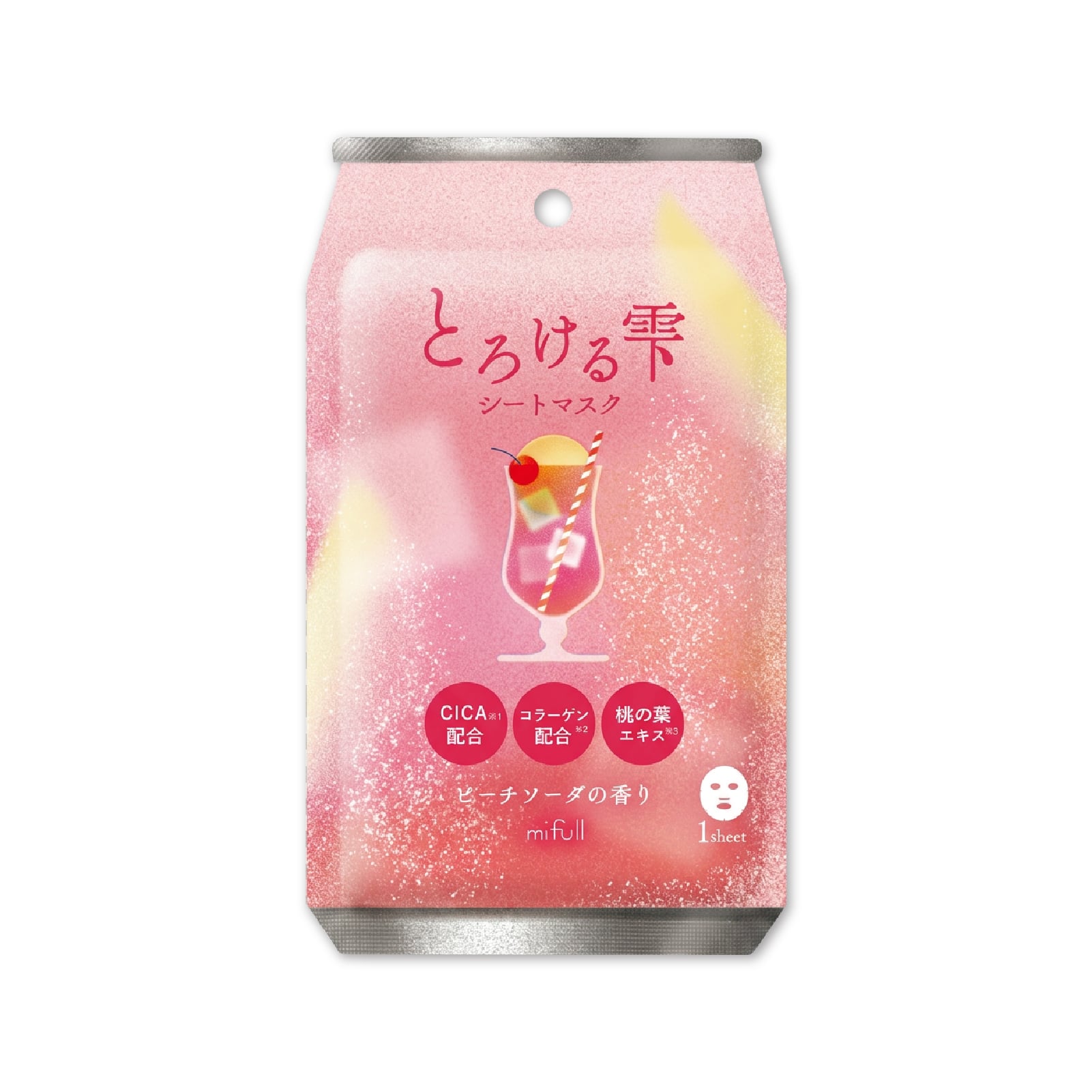 【mifull】夏色ドロップ とろける雫シートマスク ピーチソーダ｜フェイスパック CICA配合 コラーゲン配合 桃の葉エキス 1枚入