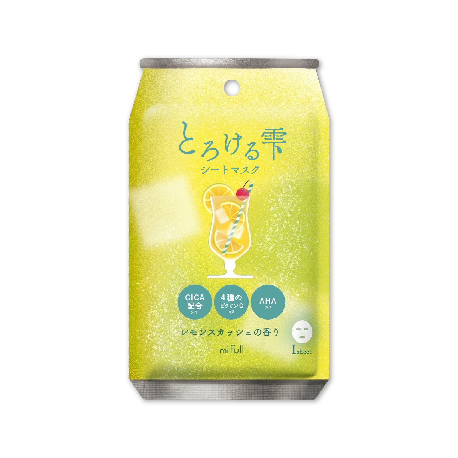 【mifull】夏色ドロップ とろける雫シートマスク レモンスカッシュ｜フェイスパック CICA配合 4種のビタミンC配合 AHA 1枚入