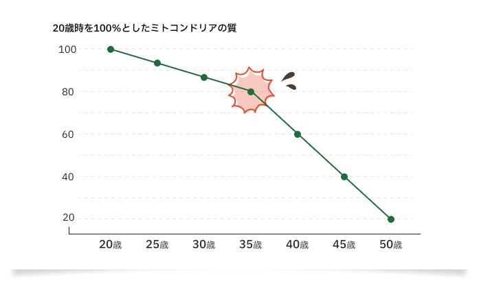 20歳時を100％としたミトコンドリアの質