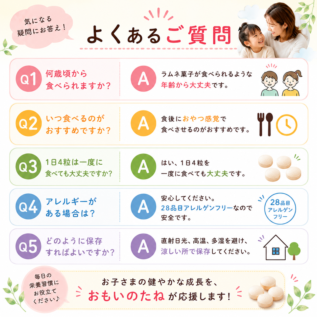 おもいのたねの対象年齢や食べ方、保存方法についてのよくある質問
