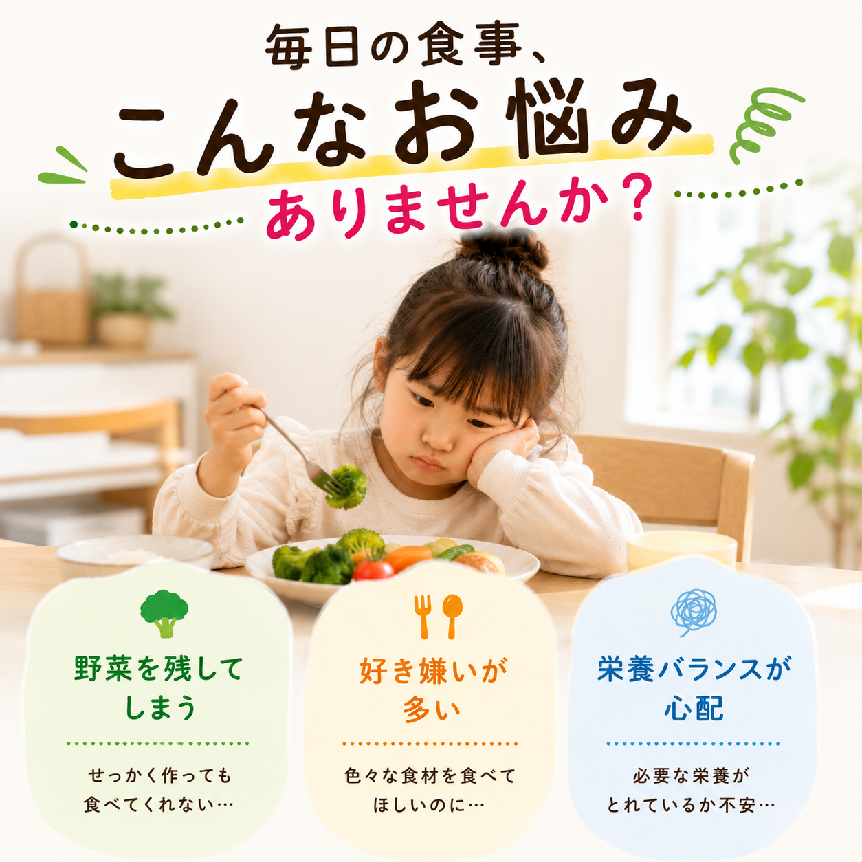 野菜嫌いや栄養バランスなど、お子さまの毎日の食事のお悩み
