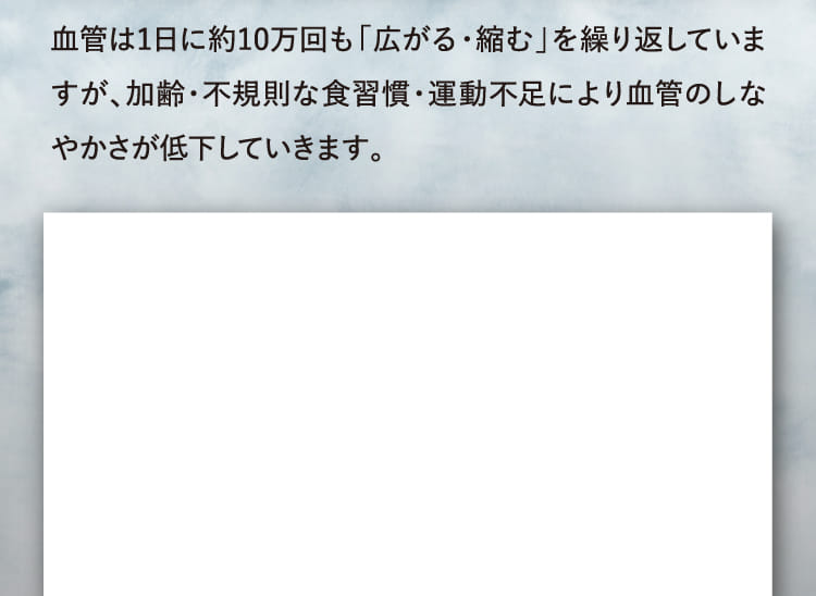 血管は1日に約10万回も「広がる・縮む」を繰り返していますが、加齢・不規則な食習慣・運動不足により血管のしなやかさが低下していきます。