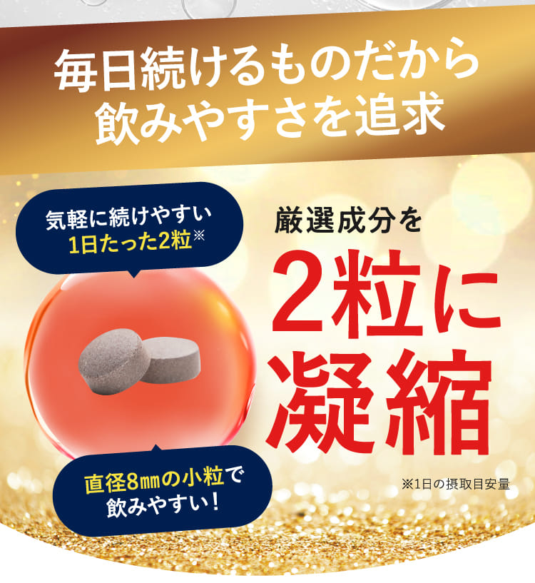毎日続けるものだから飲みやすさを追求 厳選成分を2粒に凝縮