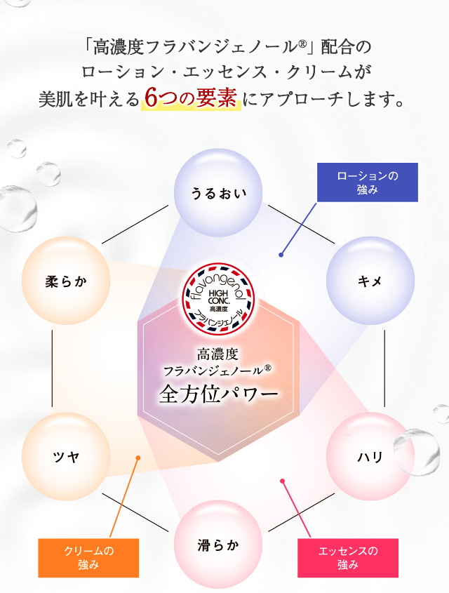 ローション・エッセンス・クリームが美肌を叶える6つの要素にアプローチします!