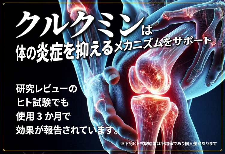 クルクミンは体の炎症を抑えるメカニズムをサポート　研究レビューのヒト試験でも使用3か月で効果が報告されています。※下記ヒト試験結果は平均値であり個人差があります