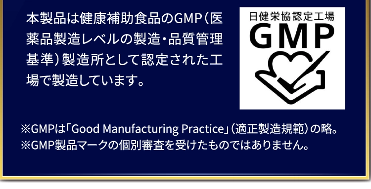 本製品は健康補助食品のGMP（医薬品製造レベルの製造・品質管理基準）製造所として認定された工場で製造しています。※GMPは「Good Manufacturing Practice」（適正製造規範）の略。※GMP製品マークの個別審査を受けたものではありません。