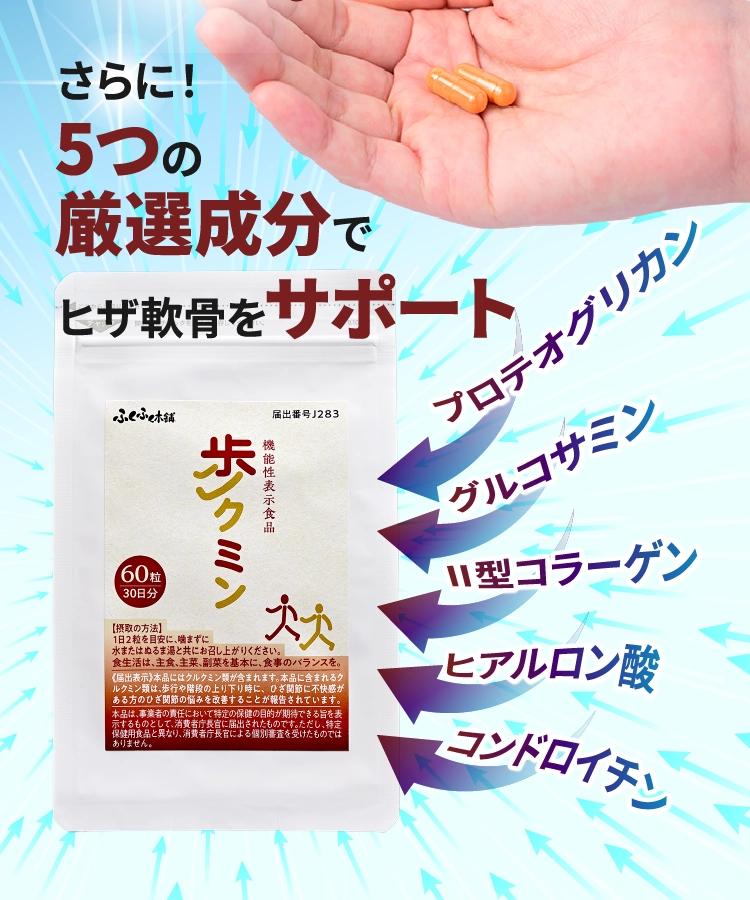 さらに！5つの厳選成分でヒザ軟骨をサポート　プロテオグリカン　グルコサミン　Ⅱ型コラーゲン　ヒアルロン酸　コンドロイチン