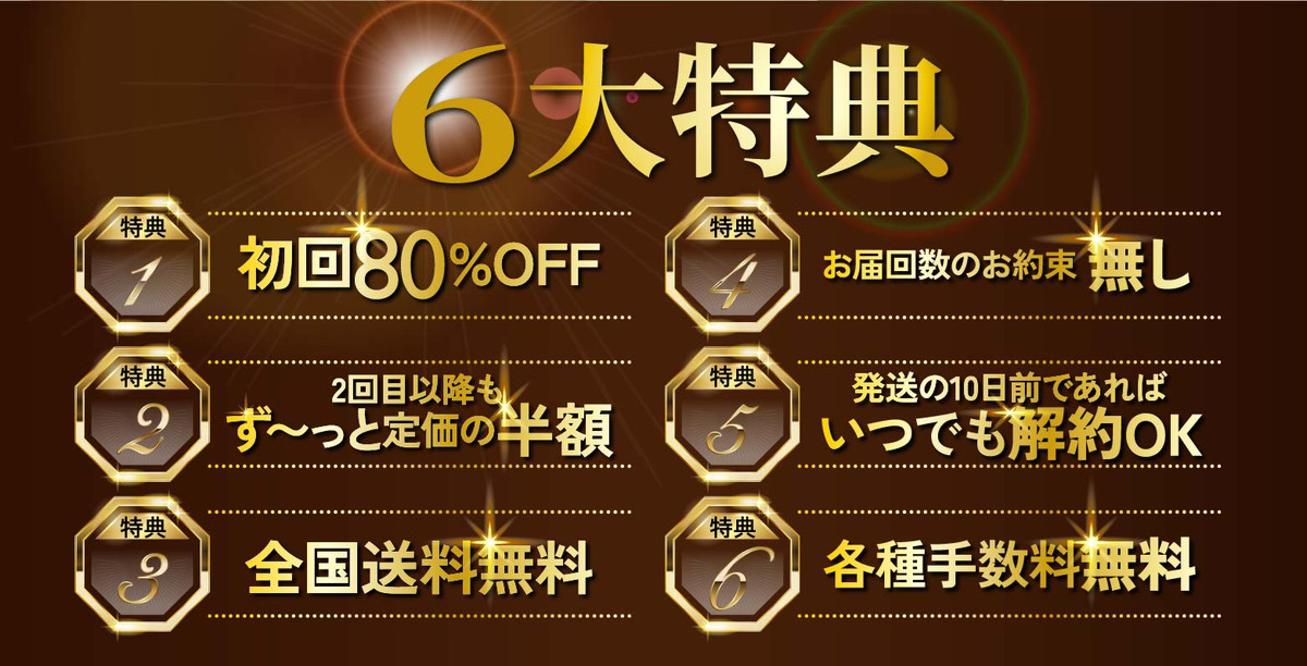 6大特典　特典1 初回75%OFF　特典2 2回目以降もず〜っと定価の半額　特典3 全国送料無料　特典4 お届回数のお約束 無し　特典5 発送の10日前であればいつでも解約OK　特典6 各種手数料無料