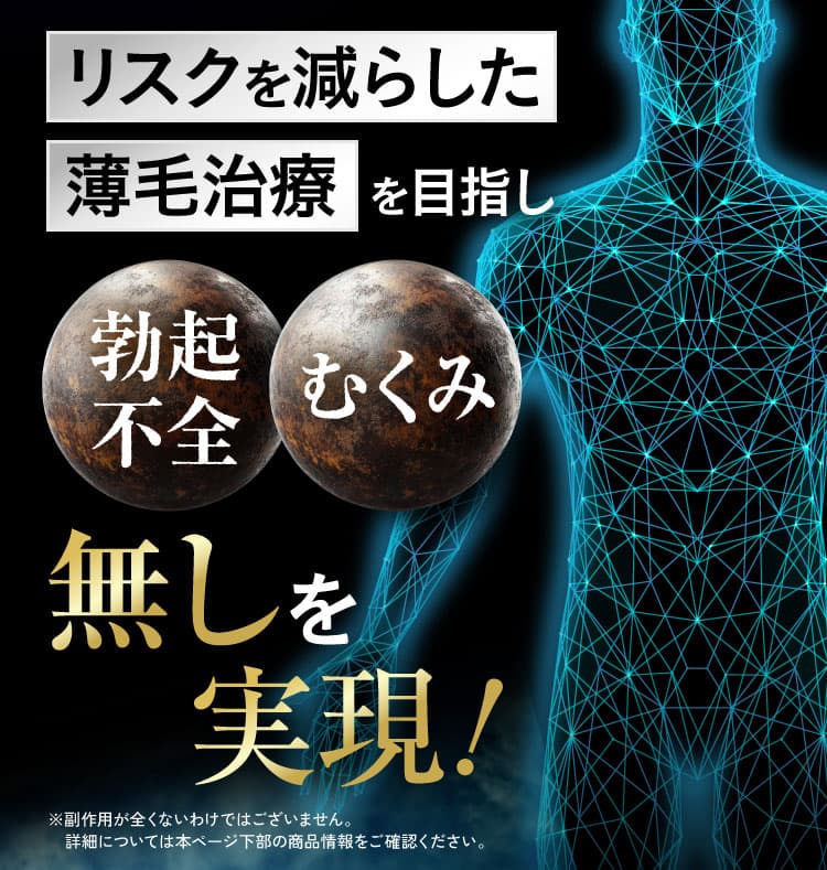 リスクを減らした薄毛治療を目指し、勃起不全・むくみ無しを実現！