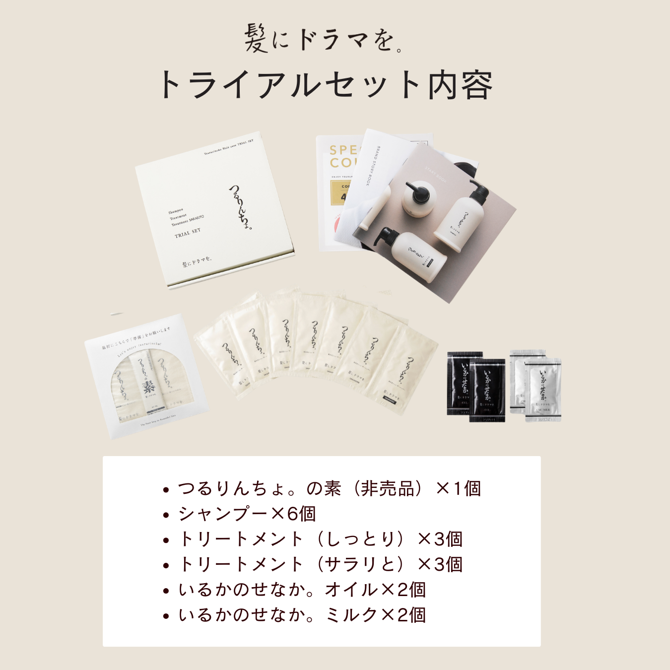 髪にドラマを。トライアルセット（リセットケア＋シャンプー＋２種類のトリートメント＋オイル＋ミルク）