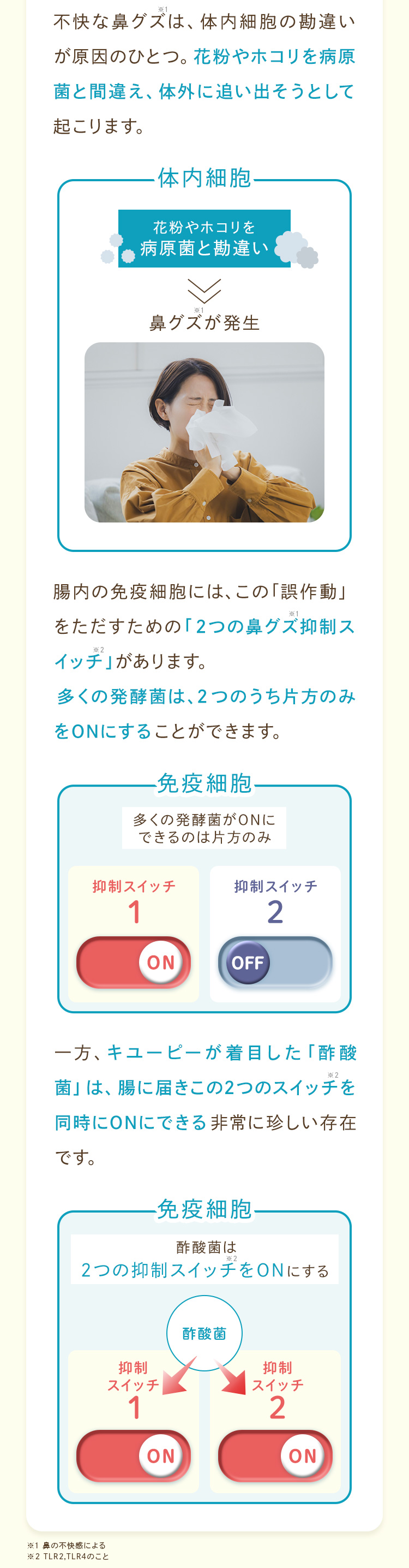 鼻グズが起こる仕組みと、酢酸菌が腸内の免疫細胞の2つの抑制スイッチを同時にONにする働きの解説
