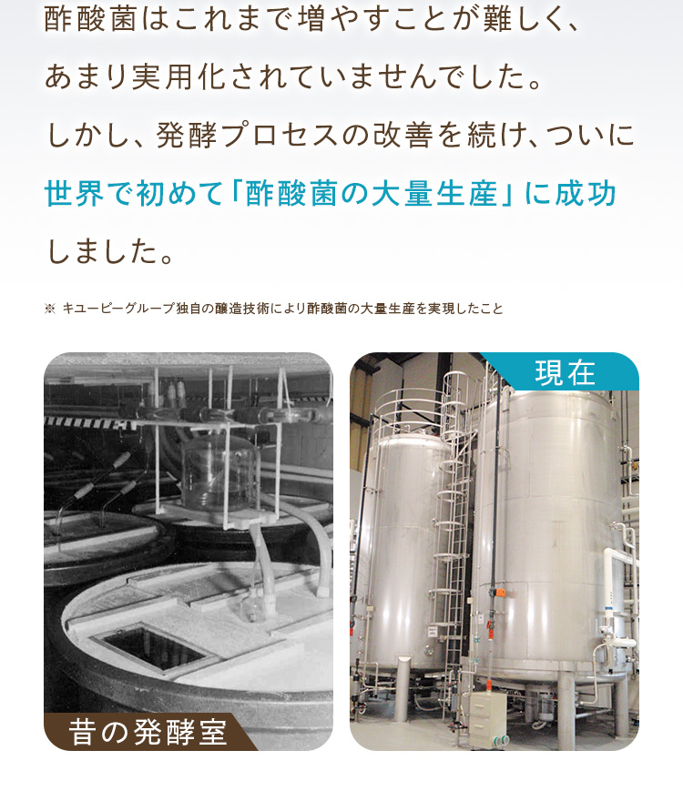 世界で初めて酢酸菌の大量生産に成功。昔の発酵室と現在の製造設備
