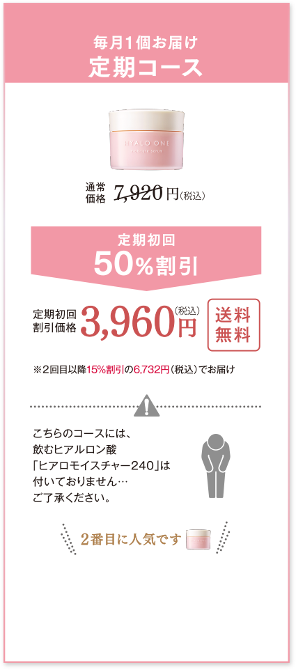 毎月1個お届け定期コース 定期初回50%割引 定期初回 割引価格 3,960円（税込）送料無料 ※２回目以降15%割引の6,732円（税込）でお届け こちらのコースには、飲むヒアルロン酸「ヒアロモイスチャー240」は付いておりません…ご了承ください。2番目に人気です