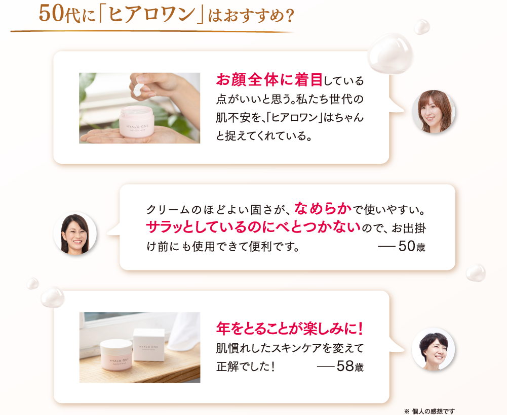 50代に「ヒアロワン」はおすすめ？ お顔全体に着目している点がいいと思う。私たち世代の肌不安を、「ヒアロワン」はちゃんと捉えてくれている。クリームのほどよい固さが、なめらかで使いやすい。サラッとしているのにべとつかないので、お出掛け前にも使用できて便利です。ー50歳 年をとることが楽しみに！肌慣れしたスキンケアを変えて正解でした！ー5８歳 ※ 個人の感想です