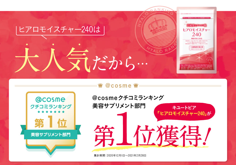＠ｃｏｓｍｅクチコミランキング美容サプリメント部門第1位獲得！