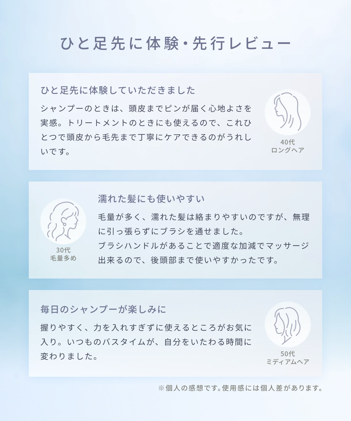 ひと足先に体験・先行レビュー。ひと足先に体験していただきました、シャンプーのときは、頭皮までピンが届く心地よさを実感。トリートメントのときにも使えるので、これひとつで頭皮から毛先まで丁寧にケアできるのがうれしいです。|濡れた髪にも使いやすい。毛量が多く、濡れた髪は絡まりやすいのですが、無理に引っ張らずにブラシを通せました。
            ブラシハンドルがあることで適度な加減でマッサージ出来るので、後頭部まで使いやすかったです。|毎日のシャンプーが楽しみに。握りやすく、力を入れすぎずに使えるところがお気に入り。いつものバスタイムが、自分をいたわる時間に変わりました。 ※個人の感想です。使用感には個人差があります。