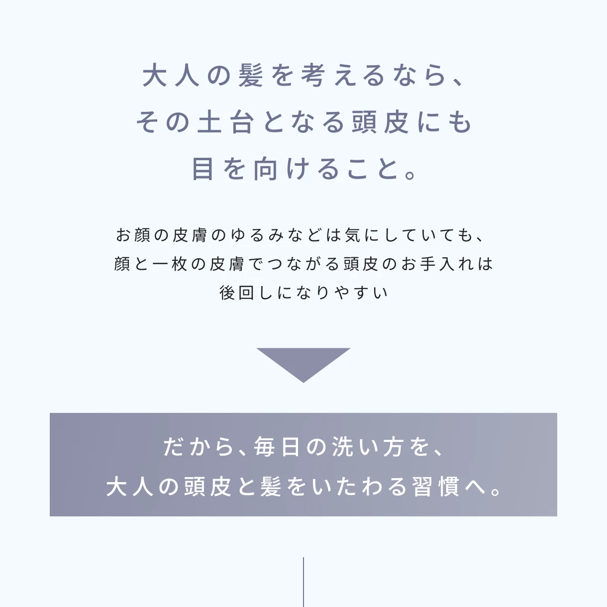 大人の髪を考えるなら、その土台となる頭皮にも目を向けること。お顔の皮膚のゆるみなどは気にしていても、顔と一枚の皮膚でつながる頭皮のお手入れは後回しになりやすい。だから、毎日の洗い方を、大人の頭皮と髪をいたわる習慣へ。