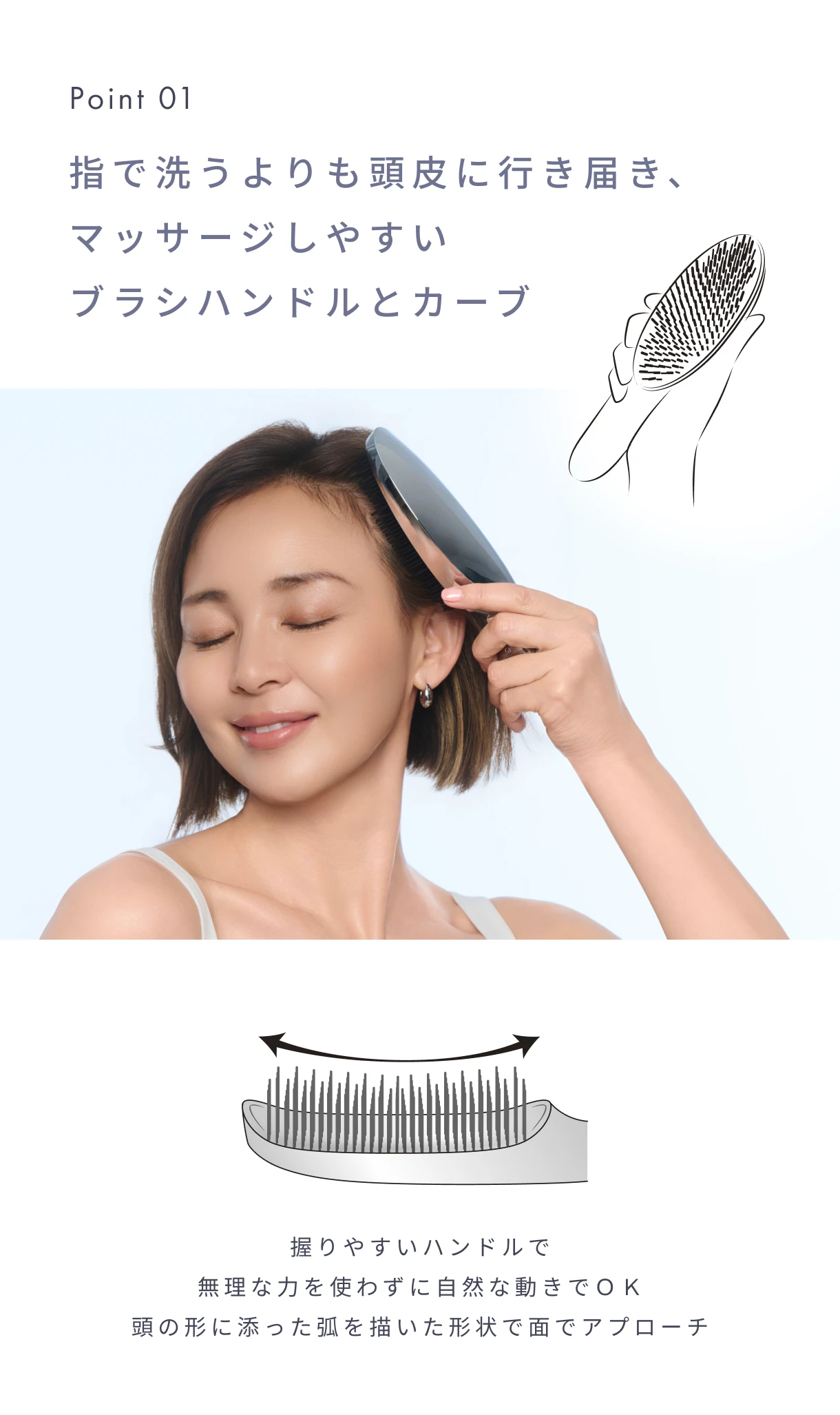 Point01 指で洗うよりも頭皮に行き届き、マッサージしやすいブラシハンドルとカーブ。握りやすいハンドルで無理な力を使わずに自然な動きでＯＫ頭の形に添った弧を描いた形状で面でアプローチ