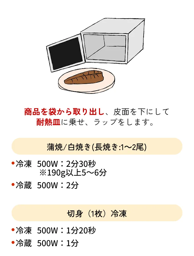 商品を袋から取り出し、皮面を下にして耐熱皿に乗せ、ラップをします。◆蒲焼/白焼き(長焼き:1～2尾) ・冷凍 500W：2分30秒 ※190g以上5～6分 ・冷蔵 500W:2分◆切身（1枚）・冷凍 500W:1分20秒 ・冷蔵:1分