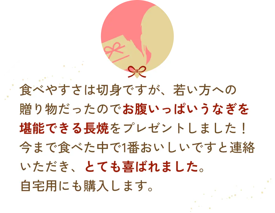 食べやすさは切身ですが、若い方への贈り物だったのでお腹いっぱいうなぎを堪能できる長焼をプレゼントしました！今まで食べた中で1番おいしいですと連絡いただき、とても喜ばれました。自宅用にも購入します。