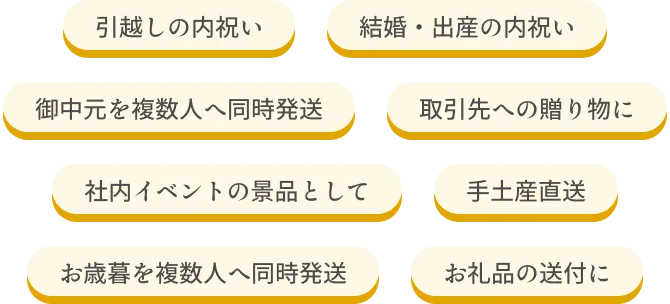 ◆引っ越しの内祝い◆結婚・出産の内祝い◆御中元を複数人へ同時発送◆取引先への贈り物に◆社内イベントの景品として◆手土産直送◆お歳暮を複数人へ同時発送◆お礼品の送付に