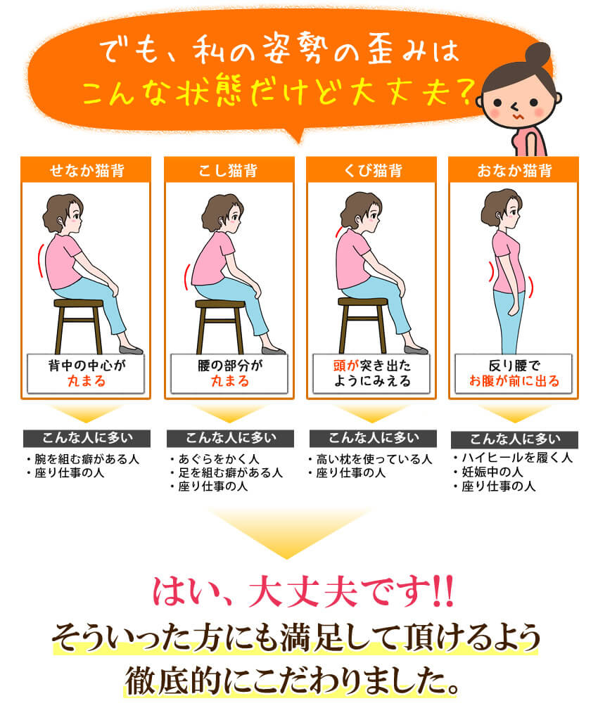 でも、私の姿勢の歪みはこんな状態だけど大丈夫？？はい、大丈夫です。そういった方にも満足してもらえるように徹底してこだわりました。