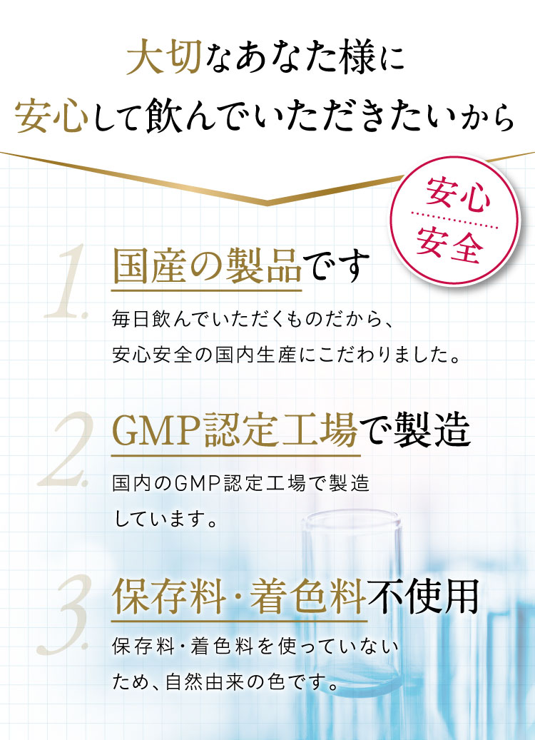 大切なあなた様に安心して飲んでいただきたいから、国産、ＧＭＰ認定工場で製造、保存料・着色料不使用です