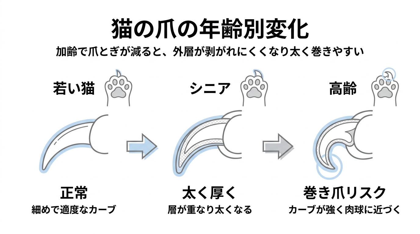 猫の爪の年齢別変化 - 正常な爪からシニア猫の巻き爪への進行