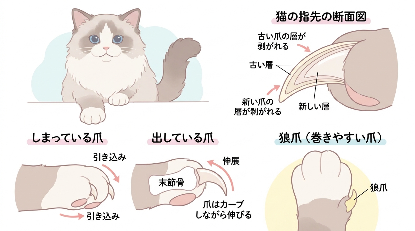 猫の爪の断面構造図 - 多層の爪鞘と引き込み式の仕組み
