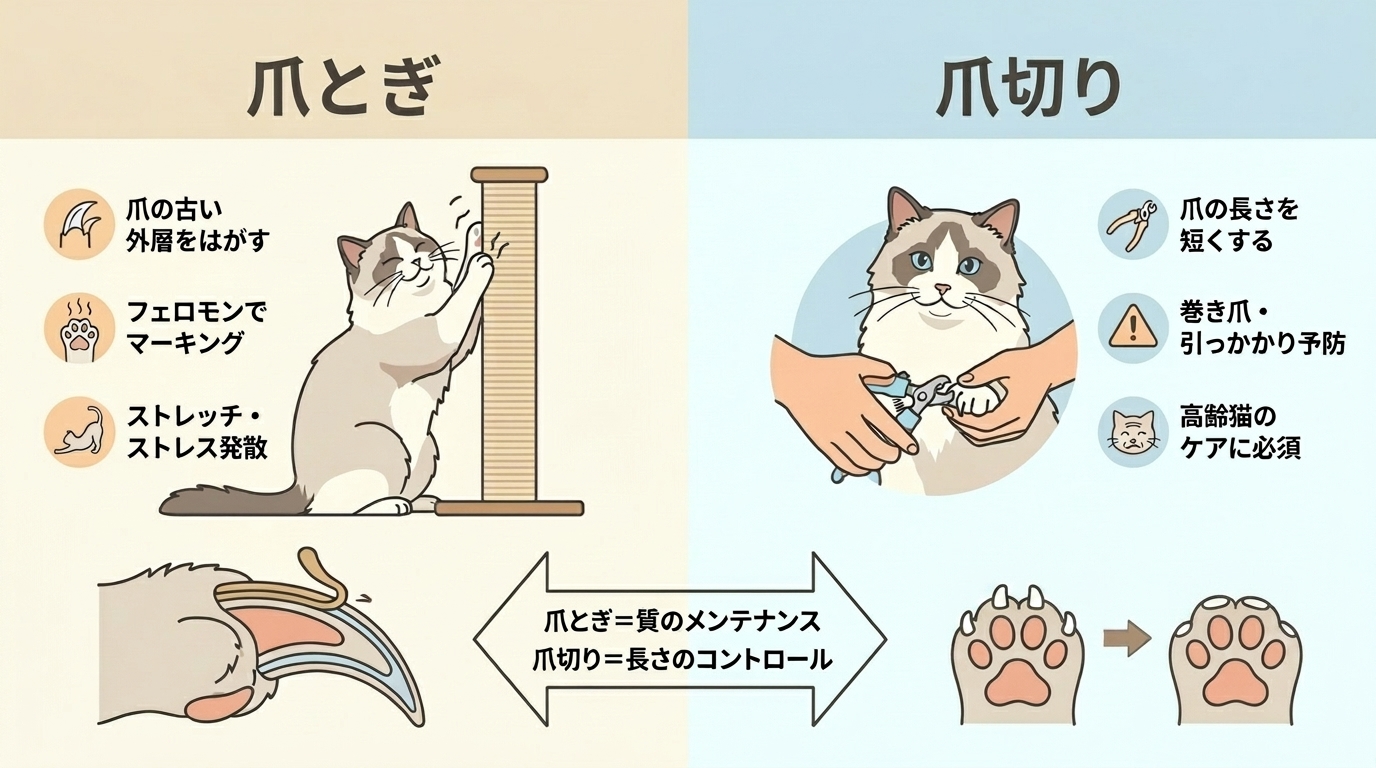 爪とぎと爪切りの役割比較図 - 爪とぎは質のメンテナンス、爪切りは長さのコントロール