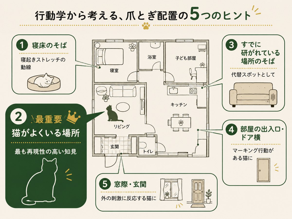 爪とぎ配置の5つのヒント。寝床のそば、猫がよくいる場所、すでに研がれている場所のそば、部屋の出入口、窓際を間取り図上に示したインフォグラフィック