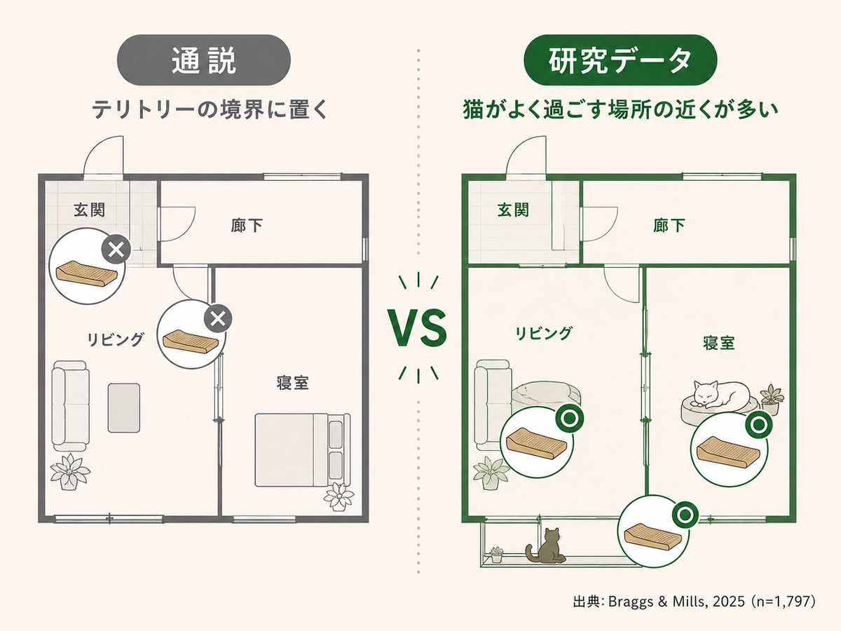 爪とぎ配置の通説と研究データの比較図。通説では玄関や入口を推奨するが、研究データでは猫がよく過ごす場所の近くで爪とぎが多いことを示す