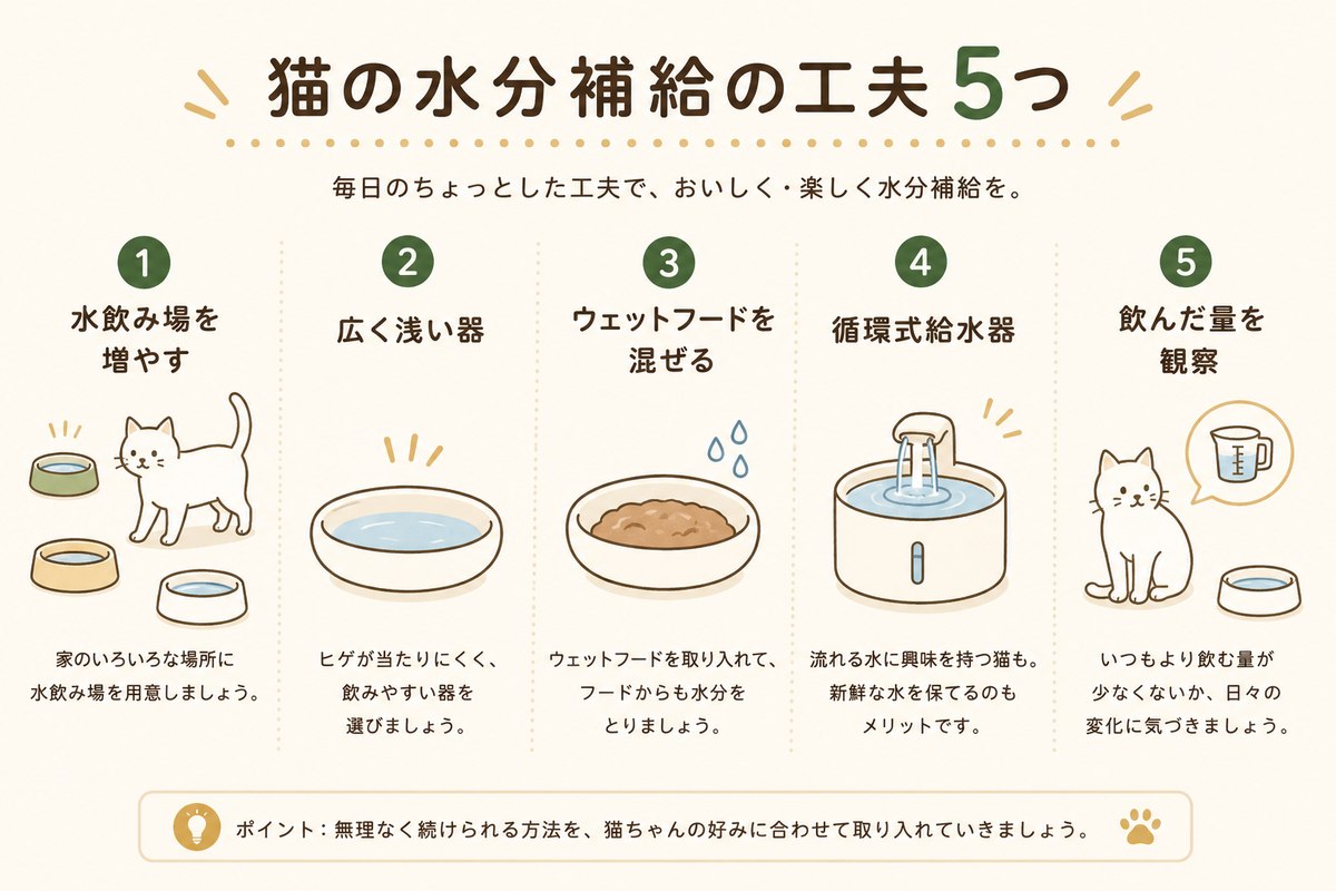 猫の水分補給の工夫5つをまとめたインフォグラフィック。水飲み場を増やす、広い器に変える、ウェットフードを混ぜる、給水器を試す、飲んだ量を観察する
