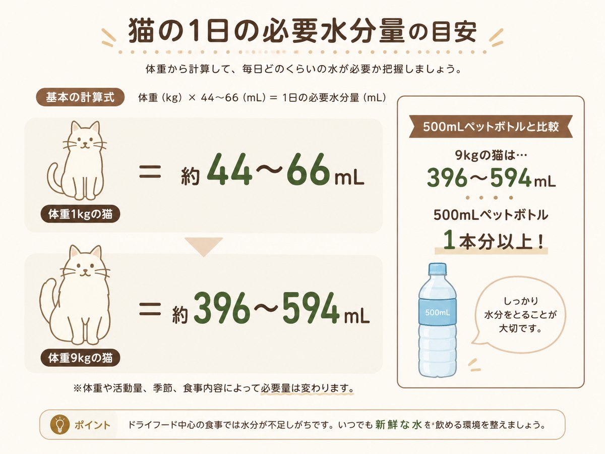 猫の1日の必要水分量の計算図。体重1kgあたり約44〜66mL、9kgのチェルシーなら396〜594mL（ペットボトル1本分以上）が必要であることを示す図解