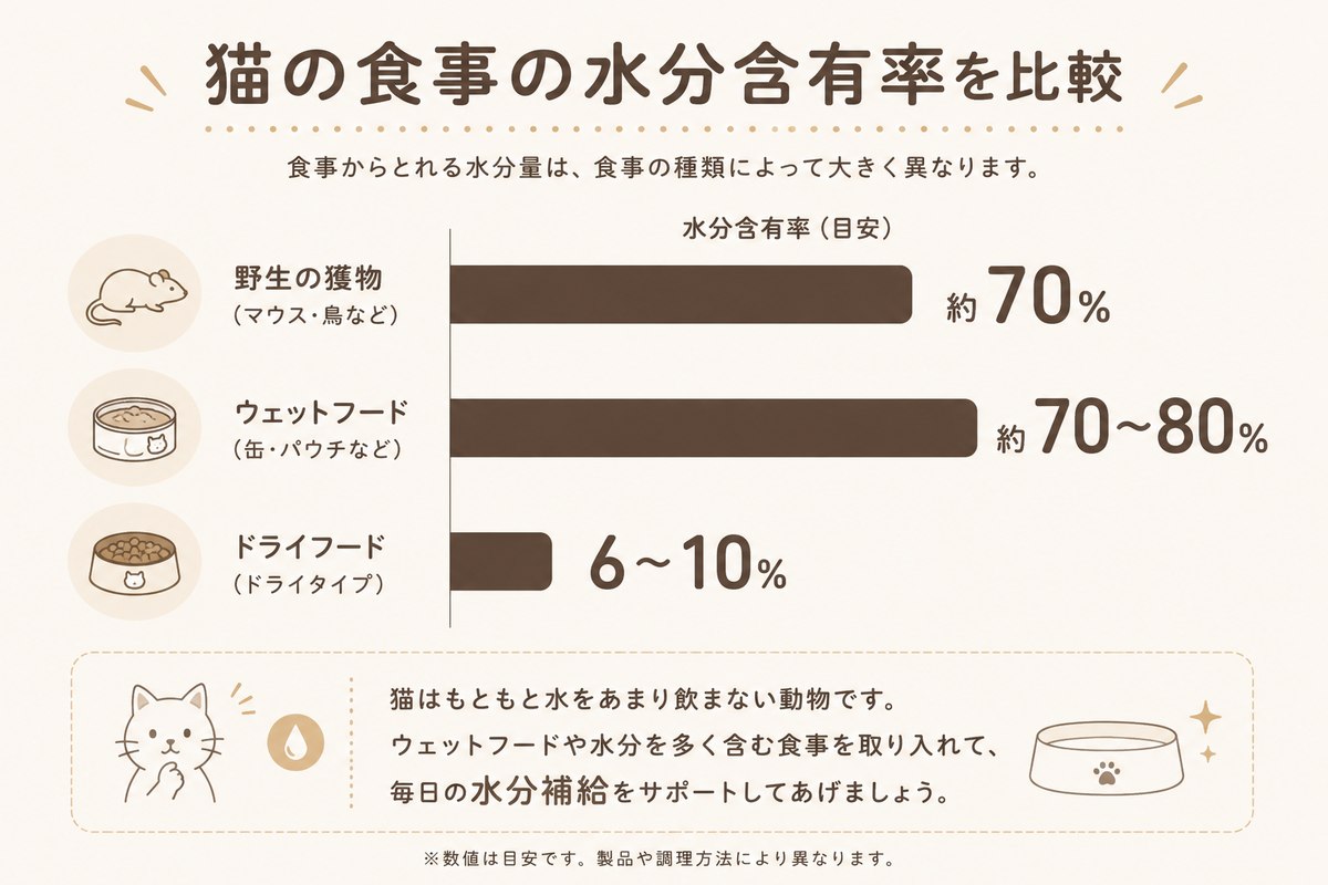 食事による水分含有率の比較図。野生の獲物は約70%、ウェットフードは約70〜80%、ドライフードはわずか6〜10%であることを示すインフォグラフィック