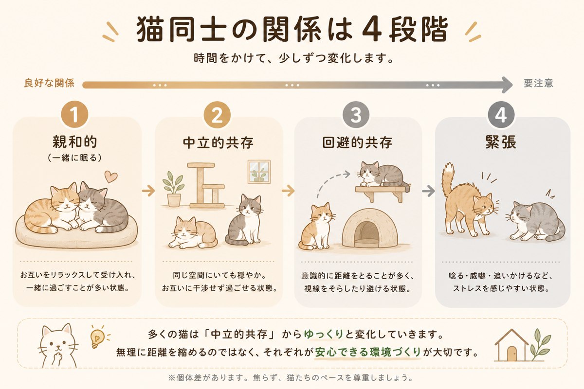 猫同士の関係の4段階グラデーション図。親和的な関係、中立的な共存、回避的な共存、緊張状態を示す