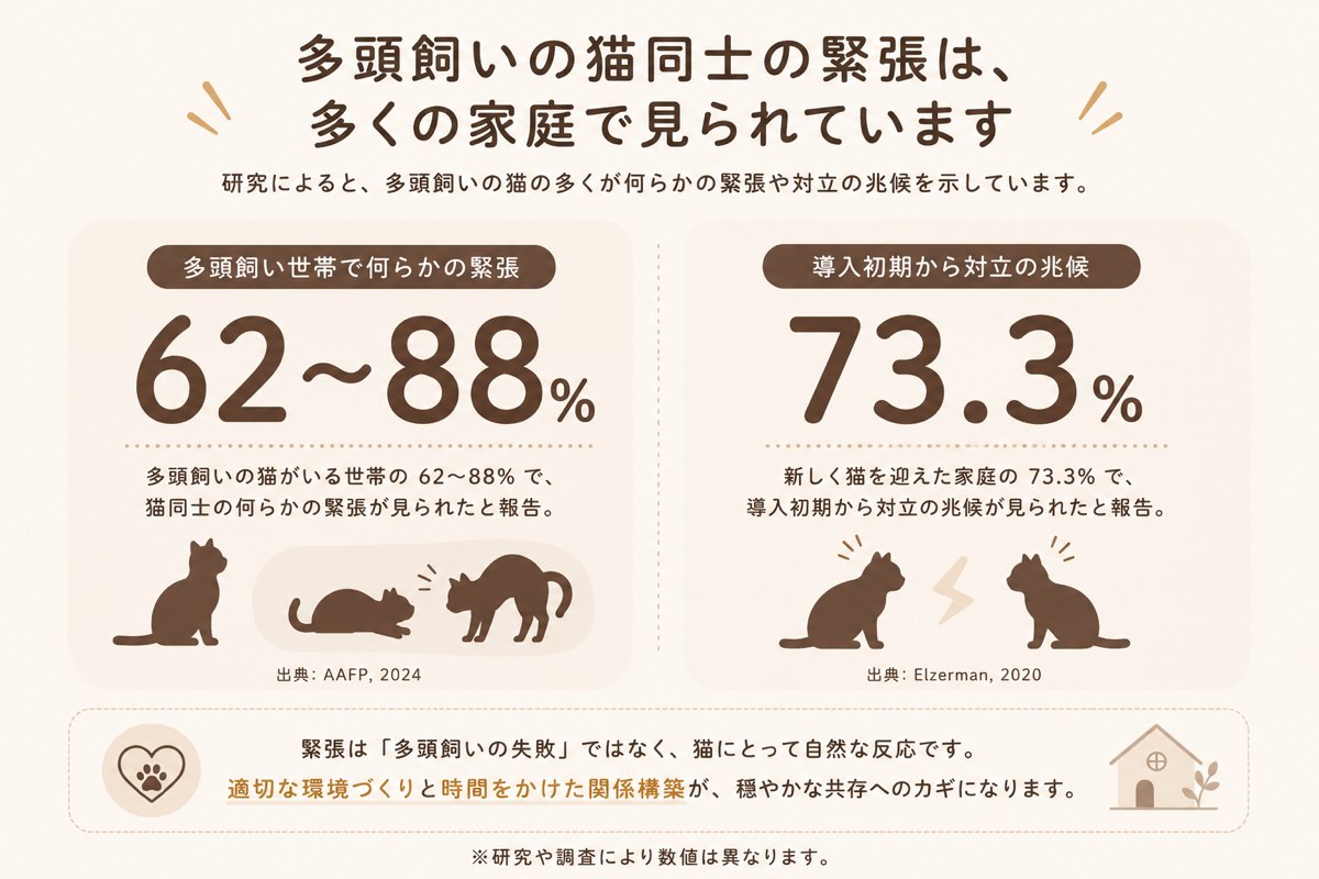 多頭飼い世帯の猫同士の緊張に関するデータ図。AAFP（2024）では62〜88%の世帯で何らかの緊張、Elzermanら（2020）では73.3%が導入初期から対立の兆候と報告