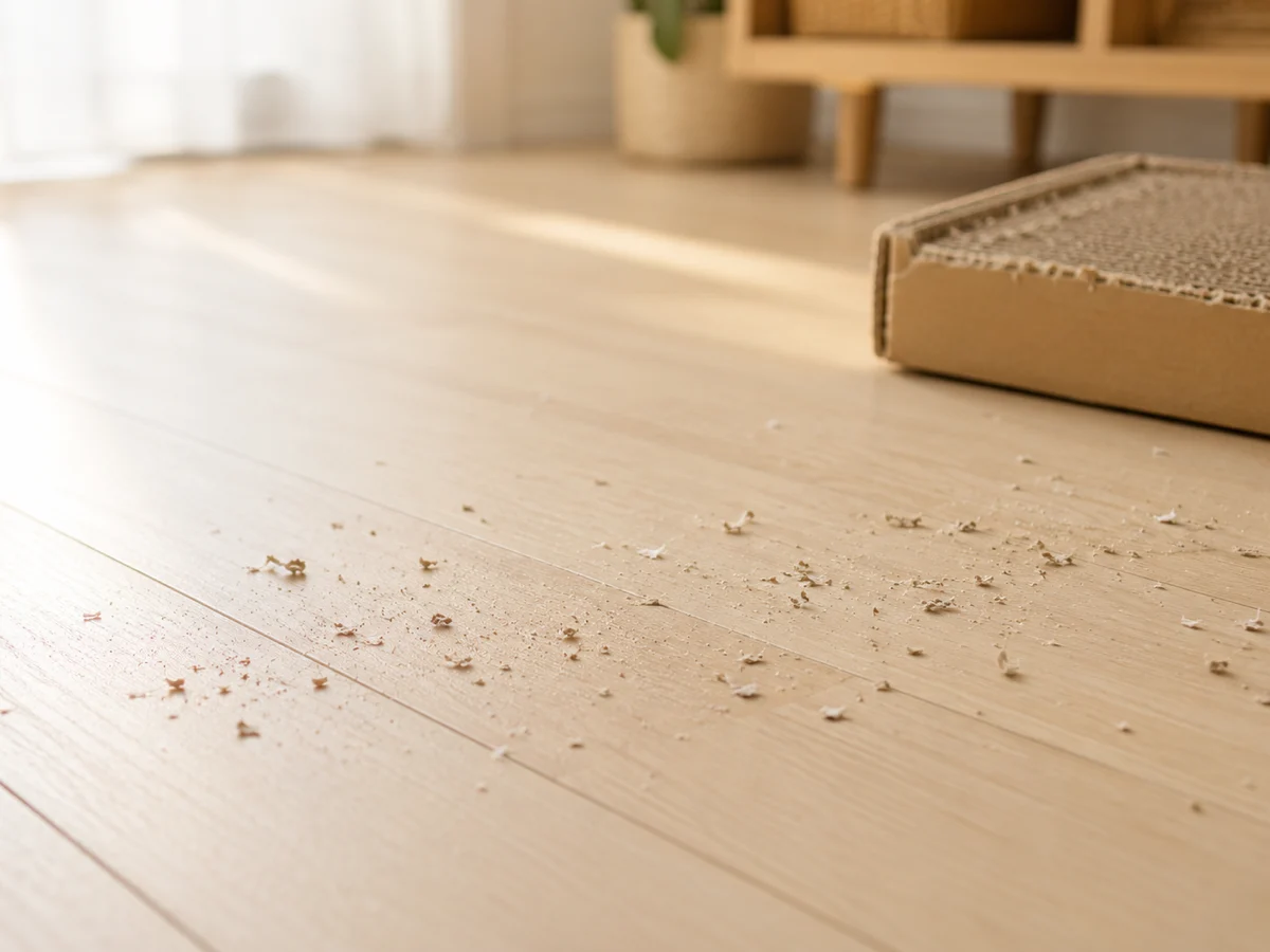 ダンボールの爪とぎから出てフローリングに散らばった研ぎカス