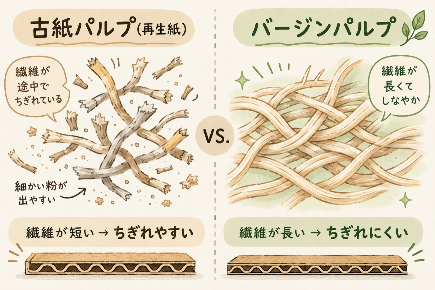 再生紙とバージンパルプの繊維の長さ比較。短い繊維はちぎれやすく、長い繊維はちぎれにくい
