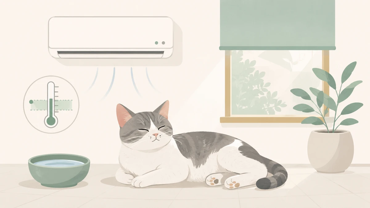 エアコンの効いた涼しい部屋で、適温・新鮮な水・遮光カーテンのある環境でくつろぐ猫のイラスト。猫の暑さ対策は室温管理が中心