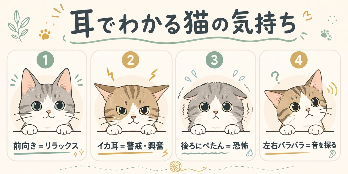 耳の向き別に猫の気持ちを示すイラスト早見表。前向き＝リラックス、イカ耳＝警戒・興奮、後ろにぺたん＝恐怖、左右バラバラ＝音を探る