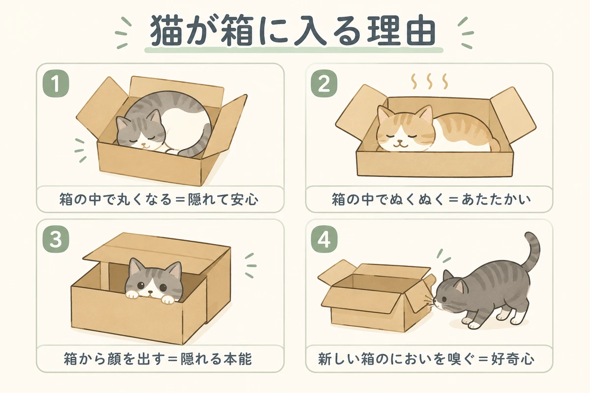 猫が箱に入る4つの理由を示すイラスト。①箱の中で丸くなる＝隠れて安心、②箱の中でぬくぬく＝あたたかい、③箱から顔を出す＝隠れる本能、④新しい箱のにおいを嗅ぐ＝好奇心