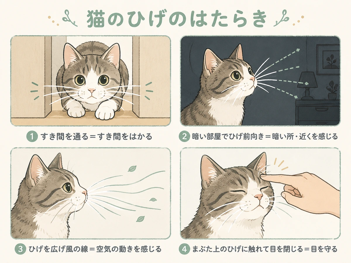 猫のひげのはたらきを示すイラスト。①すき間を通る=すき間をはかる、②暗い所でひげを前に向ける=暗い所・近くを感じる、③ひげを広げる=空気の動きを感じる、④目の上のひげに触れて目を閉じる=目を守る