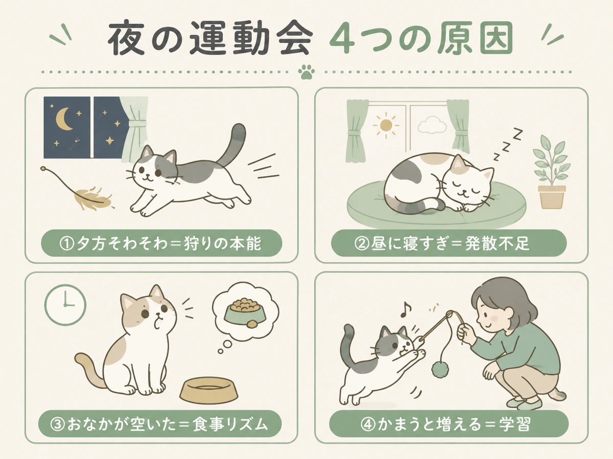 猫が夜に運動会をする4つの原因を示すイラスト。①夕方そわそわ=狩りの本能、②昼に寝すぎ=発散不足、③おなかが空いた=食事リズム、④かまうと増える=学習