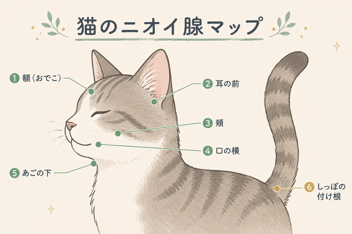猫のニオイ腺（臭腺）の位置を示すイラスト。①額（おでこ）②耳の前③頬④口の横⑤あごの下⑥しっぽの付け根