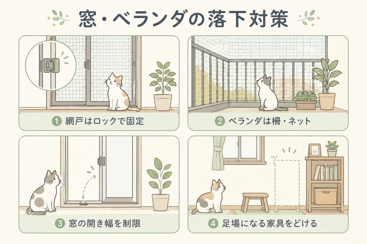 猫の窓・ベランダからの落下対策を示すイラスト。①網戸はロックで固定②ベランダは柵・ネット③窓の開き幅を制限④足場になる家具をどける